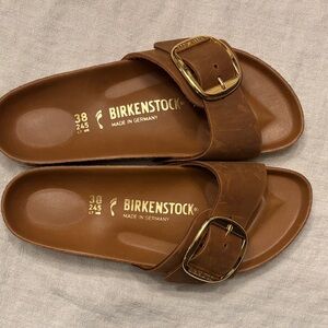Birkenstock Brown Single Buckle Slide Sandals with Gold Hardware